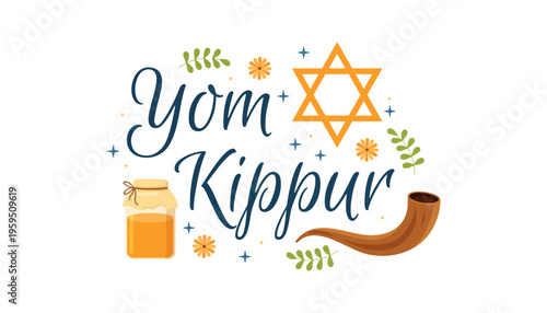 A Yom Kippur illustration with traditional Jewish symbols and decorations
