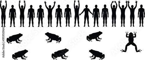 Silhouettes of humans and frogs in various poses showing movement, exercise, and jumping in vector illustration background