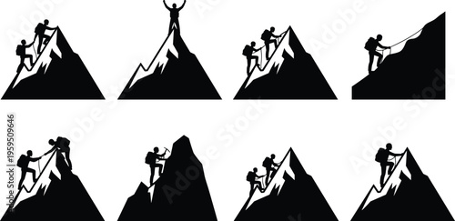 Silhouettes of climbers ascending mountains with ropes, backpacks, and teamwork in adventurous vector illustration background
