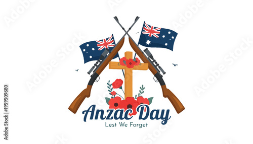 Anzac Day illustration with Australian flags and memorial cross