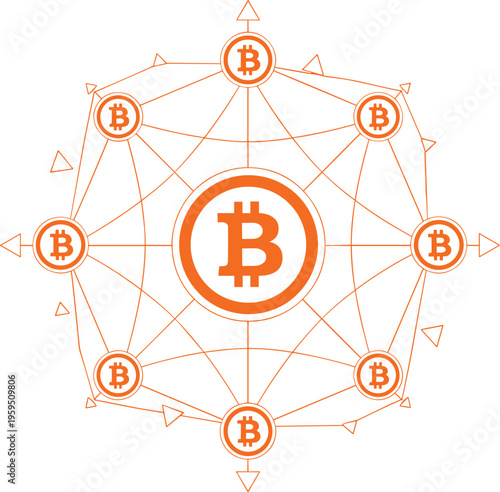 Vector illustration of decentralized Bitcoin blockchain network with connected nodes, peer to peer transactions and cryptocurrency design