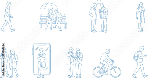 Vector illustration of diverse people interacting with mobile phones in everyday scenarios including walking, cycling, sitting and socializing