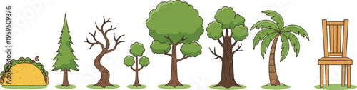 Vector illustration of diverse tree types with taco and chair in humorous sequence of growth and creative design