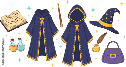 Wizard robes with hat, wand, potions, book, quill, and magical accessories in fantasy vector illustration background