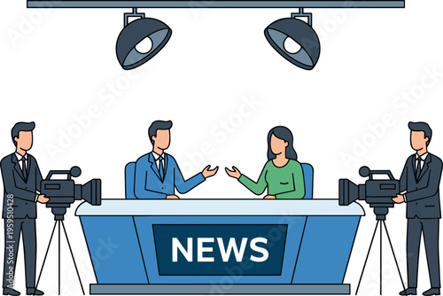 Cartoon news broadcast studio with anchors, cameramen, desk, and lights in television journalism vector illustration background