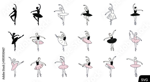 Ballet Dancers Silhouettes and Line Art Poses Collection