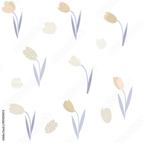 Black gray  beige floral pattern with tulips. Seamless naive  pattern on black. Vector drawing in kid girly style on black. 