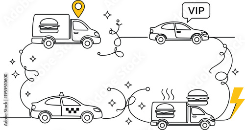 Online Food Delivery and Transportation Service Concept Vector Set Featuring Fast Burger Delivery Truck, Taxi Cab, VIP Car, and Logistics Tracking Symbols