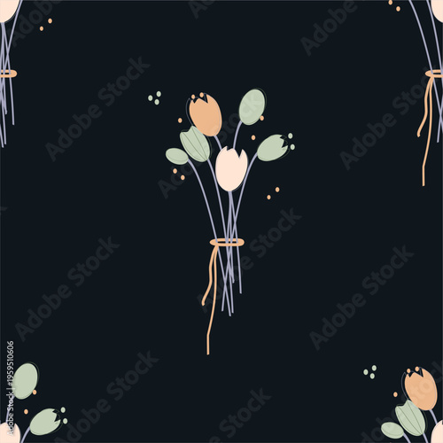 Black gray  beige floral pattern with tulips. Seamless naive  pattern on black. Vector drawing in kid girly style on black. 