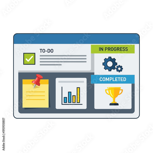 Digital task management interface with to-do list, progress indicators, and completed tasks.