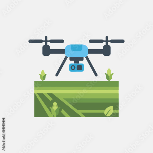 Drone flying over agricultural fields with crops and plants.