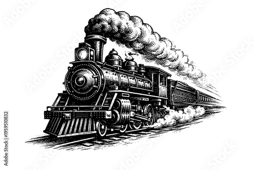 Classic black and white engraving of a vintage steam locomotive, featuring a powerful old railway engine with thick smoke, majestically gliding on tracks. Iconic illustration of historic industrial tr