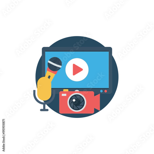 Microphone, camera, and play button on a digital media setup.