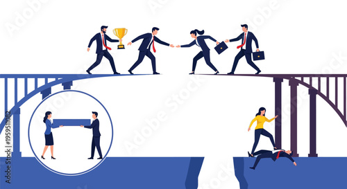 Business people demonstrating teamwork collaboration success overcoming obstacles using partnership strategies