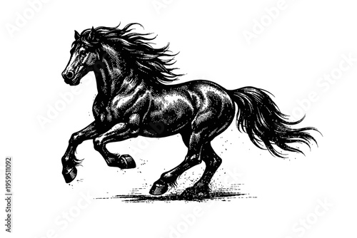 Majestic Galloping Horse Ink Drawing: A Dynamic Black and White Engraving Style Illustration of a Powerful Equine, Capturing Raw Energy and Vintage Elegance in Motion, Perfect for Artistic Projects &