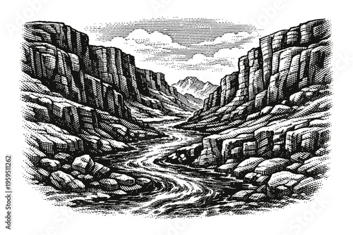 Vintage woodcut of a winding river in a deep canyon, flanked by towering cliffs and distant mountains. This classic engraving style evokes adventure, nature, and geological grandeur, with intricate de