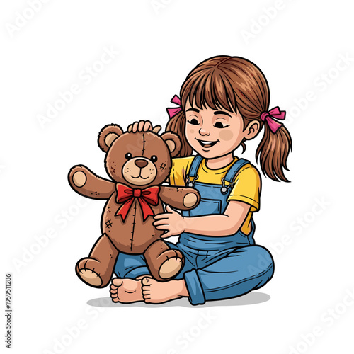 Little girl holding brown teddy bear.