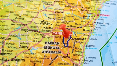 View of Queanbeyan, Former local government area of New South Wales, Australia, on a geographical map of Australia and New Zealand, marked with red push pin