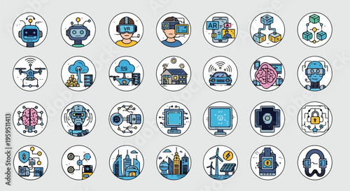 Collection of stylized, round icons depicting technology, robots, and futuristic concepts