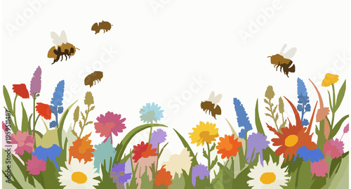 Bees Buzzing Among Wildflowers Vibrant Garden Vector Illustration