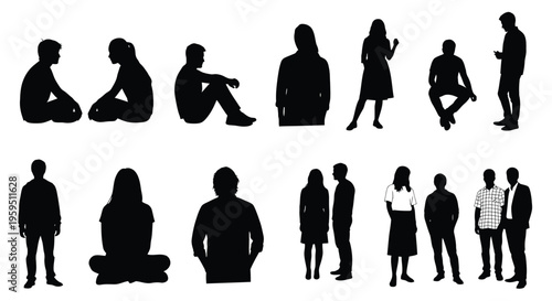 Diverse collection of human figures in various poses representing everyday social interaction and relaxation moments