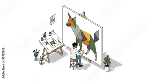 Man painting a geometric fox.