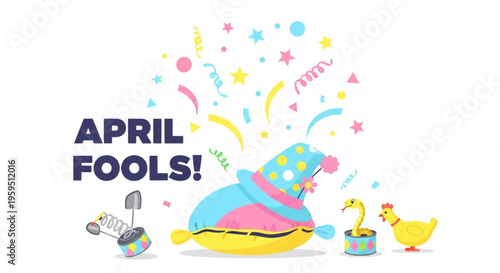 Colorful april fools' day illustration with cartoon burger wearing party hat and confetti