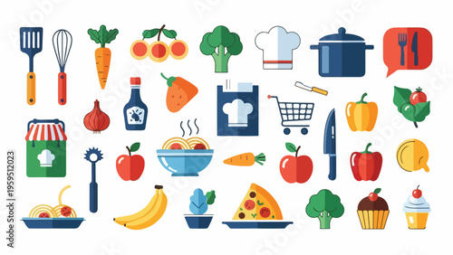 Collection of stylized vector food and kitchen items against white background