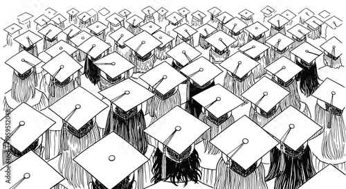 Overhead view of numerous graduates wearing mortarboard caps and gowns in a large crowd