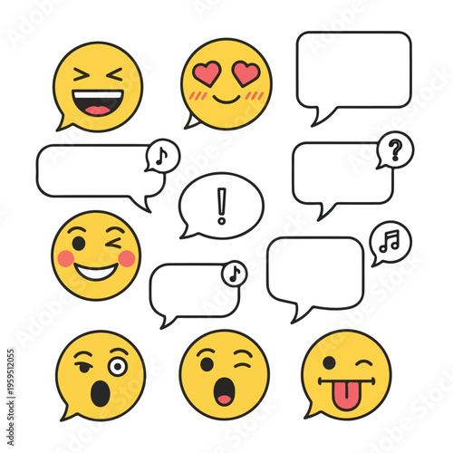 Collection of stylized yellow face emojis with various expressions and speech bubbles