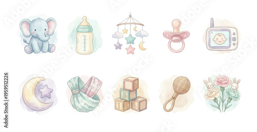 Watercolor Baby Essentials Clipart Set — 10 Newborn Care & Nursery Items PNG SVG Vector Illustration