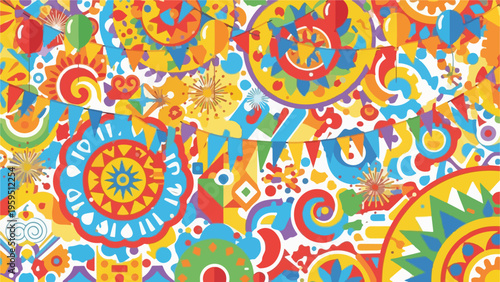 Colorful celebration background with geometric shapes, circles, and festive banners