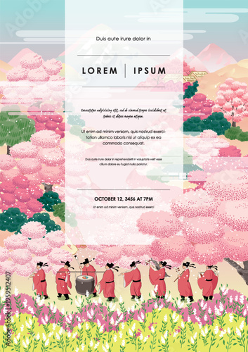 Joseon Dynasty Royal Court Musicians Parade Under Cherry Blossoms in Spring, Template Vector Illustration