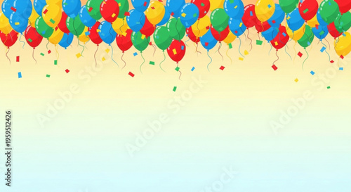 Colorful balloons floating in the air with confetti on a gradient background for celebration
