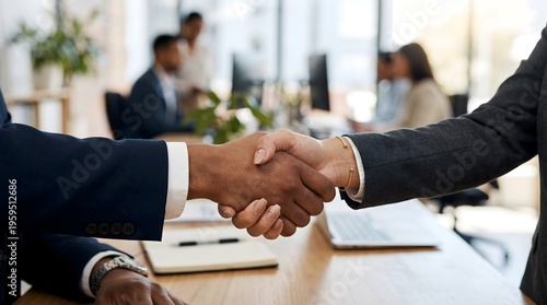 Close-up of two professionals shaking hands across an office desk, only hands and arms visible, blurred office background, natural lighting, professional corporate mood, no faces