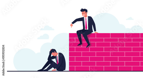 A successful businessman sitting on a wall smiles and points at his defeated colleague experiencing failure.