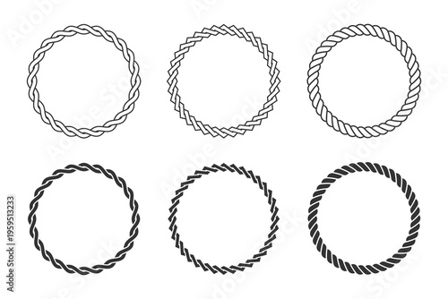 Set of frames from twisted elements ornament with blank space inside. Framings graphic design templates. Circular patterns set isolated on white background. Vector illustration