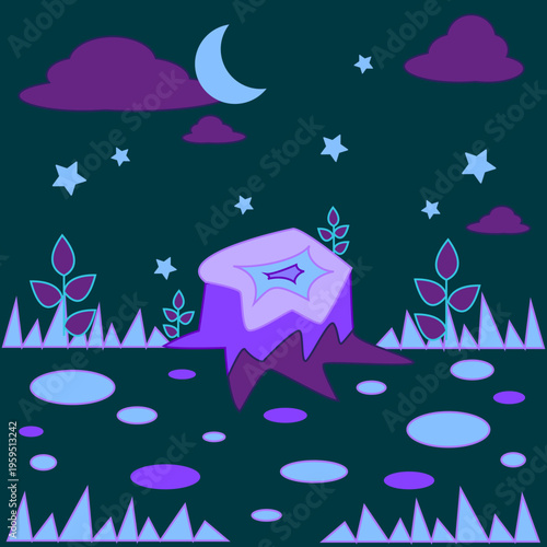 A vibrant, retro-futuristic drawing of a cartoon tree stump glowing with bright blue and purple neon lines against a dark night background. Striking design suitable for modern event branding, gaming a