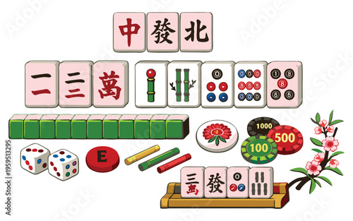 A set of tiles and accessories for the traditional Chinese game, Mahjong.