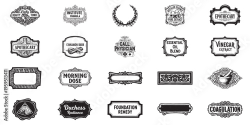 Retro medicinal labels and apothecary tags with ornate scrollwork and classic typography set