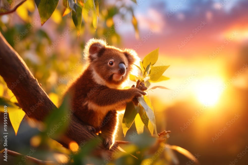 Fototapeta premium Majestic Koala Silhouette Framed by Glowing Sunset Sky Behind Eucalyptus Trees