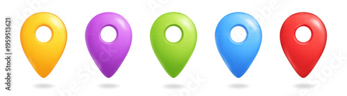 Colorful Glossy Map Pin Icons Set, 3D Location Markers for GPS Navigation and Mobile UI Design. Vector illustration isolated on white background.