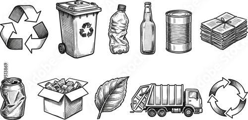Recycling waste management illustration set with recycle symbol trash bin plastic bottle glass metal can paper stack truck and eco leaf