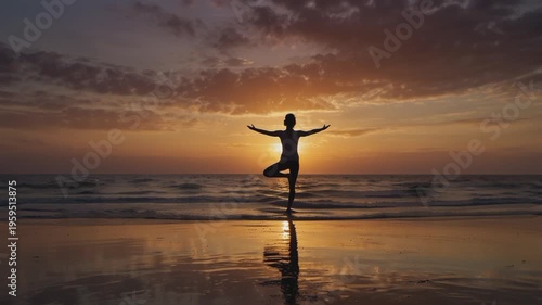 Silhouette of a woman doing the Vrksasana (Tree Pose) yoga pose on the beach at sunset. The golden sunlight creates symmetrical reflections on the wet sand.
