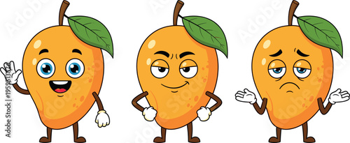 Cute mango characters set with happy confident and sad expressions cartoon fruit mascot vector illustration colorful collection isolated design
