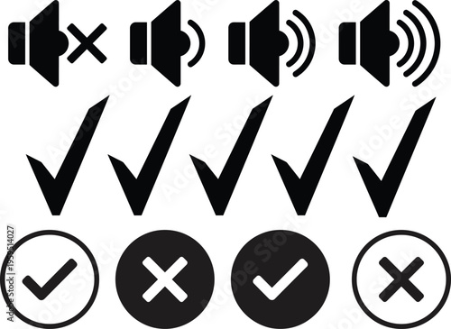 User interface icons set with speaker volume symbols check marks and cross buttons for audio control approval and rejection