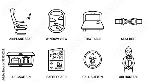 Outlined icons of airplane interior essentials including seat, window view, tray table, seat belt, luggage bin, safety card, call button, and air hostess, symbolizing air travel comfort and safety fea