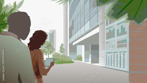 Business people analyzing data on tablet in modern city environment with urban buildings and green spaces