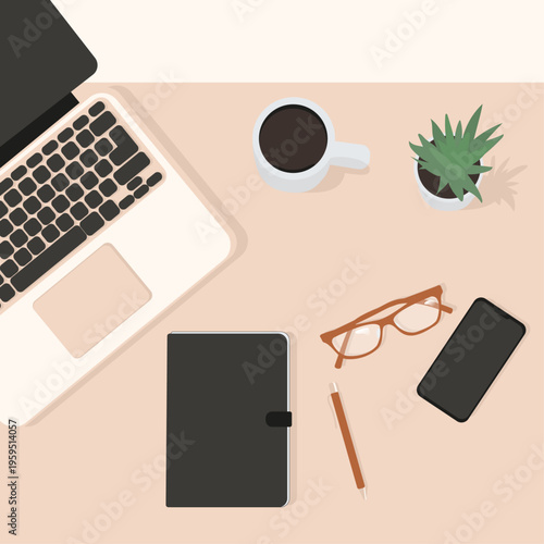 Home Office Flatlay with Laptop and Notebook Top view of a neatly arranged home workspace warm color