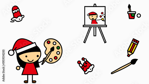 A cheerful cartoon girl in a santa hat painting on an easel with colorful art supplies around her conveying a festive and creative holiday atmosphere with a focus on artistic